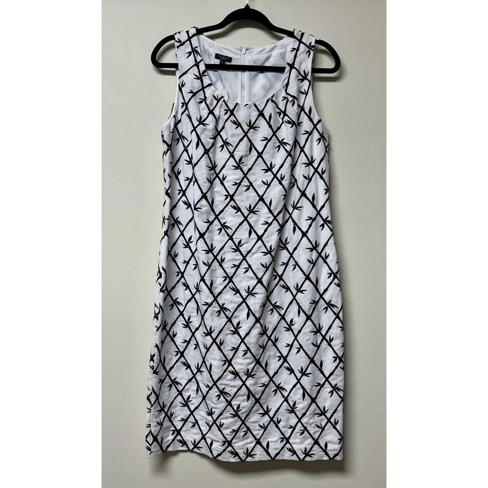 NWT TALBOTS White Linen Blend Sheath Midi Dress, Bamboo Embroidery, Sz 10